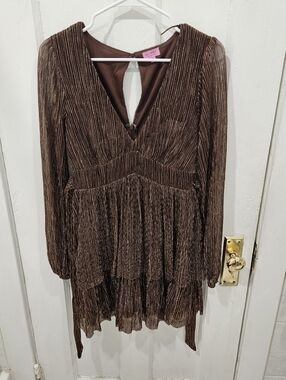 Brown Pleated V-Neck Metallic Dress